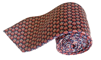 Gravata de seda masculina HERMES Foulard geométrica abstrata peixe vermelho/branco/marinho/França 60” - Imagem 1 de 4