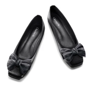 Womens Flats Square Toe Shoes Leather Flat Slip On Ballet Black - Picture 1 of 5