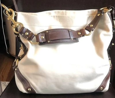 Coach Carly Large Hobo Bag White/Brown Leather Brass Turnlock Shoulder VTG 10616 - Image 1 of 4