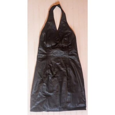Harley Davidson Womens Size 36/10 Black Leather Blue Flame Mini Halter Dress  - Image 1 of 4