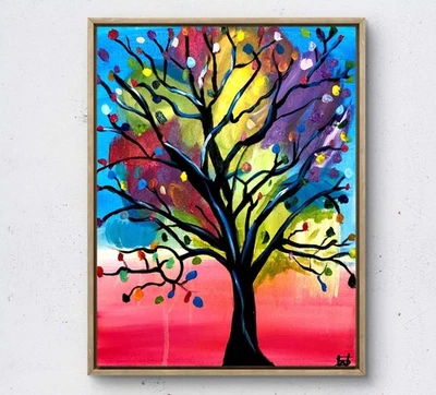 Original happy tree painting 14X11 Canvas acrylic abstract expressionism art - Image 1 of 4