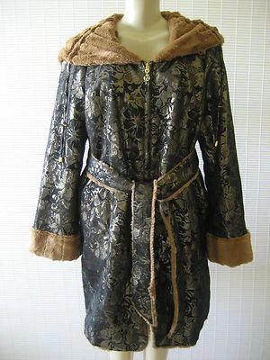 Abrigo IMAN Reversible Imitación Piel Negro Camel Dorado Brocado Con Capucha XS NUEVO CON ETIQUETAS Foto 1 de 4