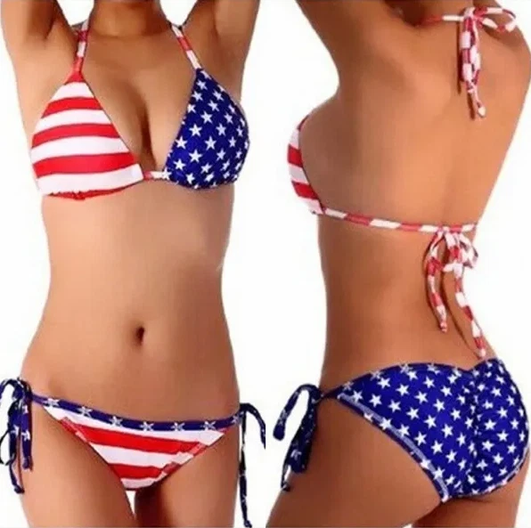 American Flag Print Halter Triangle Bikini Swimsuit - Sexy, 4th of July Party - Image 1 of 4