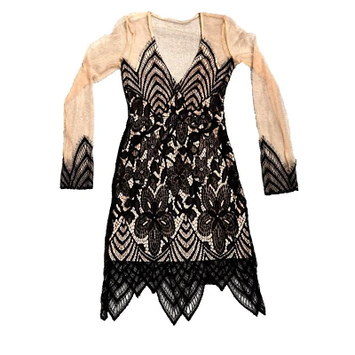 黑色蕾丝迷你连衣裙 XS S 裸色内衣弹力透明长袖阅读 — 第 1/4 张图片