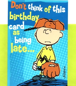 Charlie Brown Happy Belated Birthday Baseball Player Hallmark Greeting Card - Picture 1 of 3