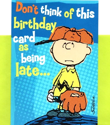 Charlie Brown Happy Belated Birthday Baseball Player Hallmark Greeting Card - Image 1 of 3