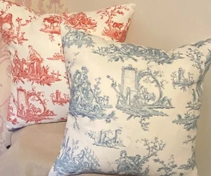 Toile de Jouy Cushion Cover 100% Cotton/Linen 14 16 18 20inch Red Light Blue - Picture 1 of 7