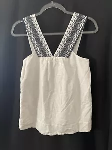 J Crew Tank Top Damen 00 weiß blau marine bestickt Träger Leinen Baumwolle Shirt - Bild 1 von 8