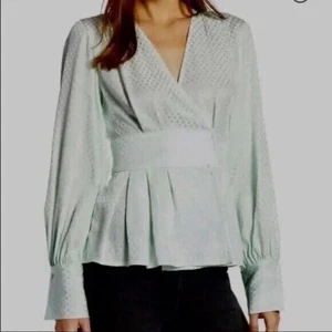 Something Navy REVOLVE women's top XS Jacquard Wrap Surplice Peplum Mint blouse - Picture 1 of 16