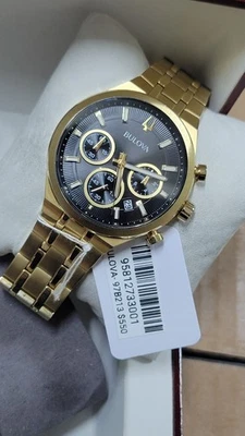 Bulova Men's Gold Tone Chronograph Watch with Black Dial 43mm - 97B213 - Image 1 of 4