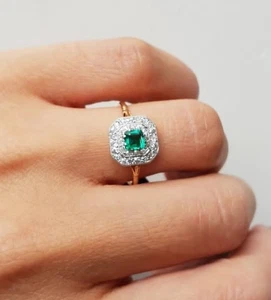 Natürlicher Smaragd-Diamant-Verlobungsring 1,05 kt quadratischer Schliff 14 K massives Gelbgold - Bild 1 von 9