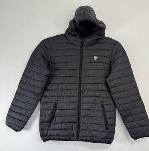 Guess Puffer Jacket Women's Size 14 Black Quilted Lightweight Hooded Full Zip - Picture 1 of 10