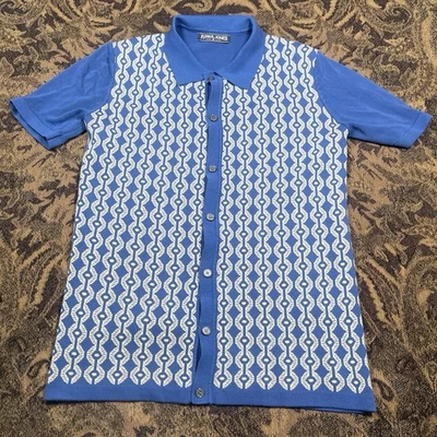 Camisa polo tejida PJ Paul Jones para hombre talla pequeña abotonada estilo retro azul crema Foto 1 de 4