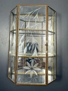 Vintage Brass Glass Mirrored Curio Cabinet  7” Tall Floral Etched Wall Table - Picture 1 of 8