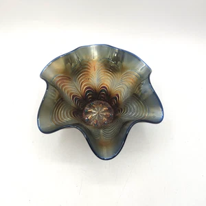 Fenton Peacock Tail Cobalt Blue Carnival Glass Ruffled Bowl Gold Iredescent - Picture 1 of 14
