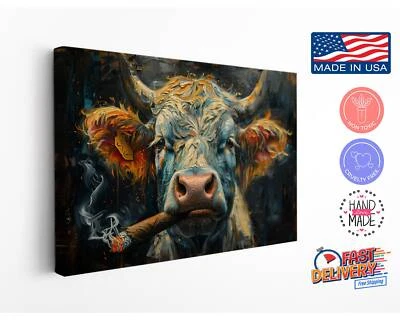 Highland Cow Smoking Cigar Canvas Print, Funny Animal Wall Art, High Quality - Image 1 of 4