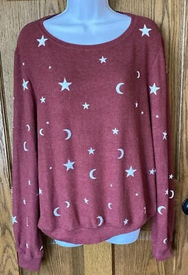 NWT Women’s Wild Fox Moon & Stars Sweater Dark Red Loose FIt Soft Cozy Medium - Image 1 of 4