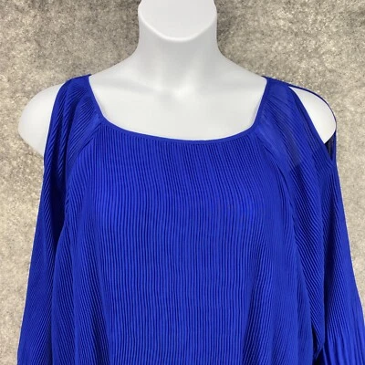 Susan Graver Shirt Womens 24W 3X Blue Pelisse Pleat Chiffon Lined Cold Shoulder - Image 1 of 4