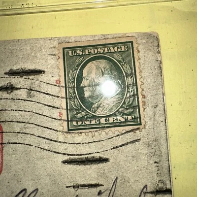 Rare 1910 Green Ben Franklin 1 Cent Stamp Cancelled On Postcard  - Image 1 of 4