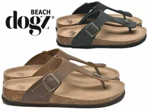 Mens Summer Sandals Leather Beach Dogz Toe Post Mules Memory Foam Flip Flops - Picture 1 of 6