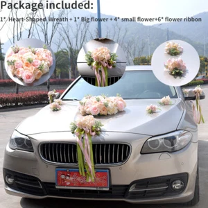 1 Set Artificial Flower Wedding Car Decor Kit Heart-Shaped Wreath Bow Garland - Picture 1 of 14