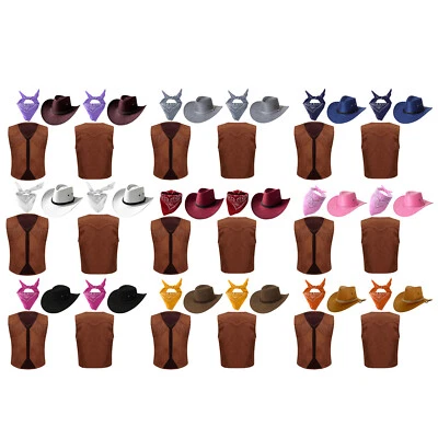 Niños Niñas Disfraz de Vaquero Niños Vaquera Conjunto de 3 Piezas Sombrero Suave Frente Abierto Chaleco Foto 1 de 3