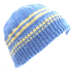 NEW One Of A Kind Hand Knitted Blue & Yellow Ladies Beanie Hat - Picture 1 of 10