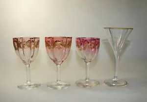 4 Antique Art Nouveau Moser Lobmeyr Quatrefoil Liquor Glasses Encrusted Gold - Picture 1 of 11