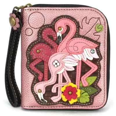 NEW CHALA PINK GLITTER BIRD FLAMINGO GROUP DUO FOLD ZIPPERED WALLET FAUX LEATHER - Image 1 of 4