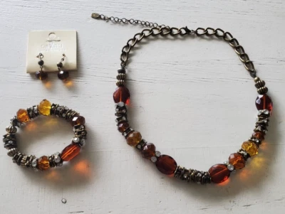 NUEVO Juego de Pendientes Collar Pulsera Davinci Metal Estrás Ámbar Tono Marrón Foto 1 de 4