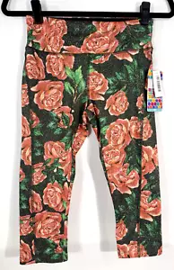 Womens Capri Yoga Pants Small (6-8) Colorful Roses Athletic Gym Workout Jade NEW - Picture 1 of 13
