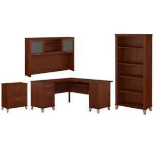 Bush Furniture Somerset 4 Piece 60" L-Shape Office Set in Hansen Cherry - Picture 1 of 2