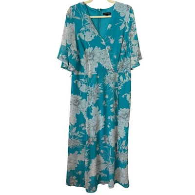Lane Bryant Womens Floral Maxi Dress Turquoise White Size 14 Short Sleeves VNeck - Image 1 of 4