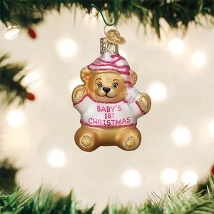 Alte Welt Weihnachten Baby Mädchen erster Teddybär Glas Ornament - Bild 1 von 1