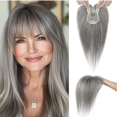 Real Human Hair Topper DARK GRAY  10 Inch With Bangs Clip In Hair Piece NEW - Image 1 of 4
