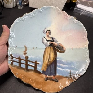 Antique Coronet LIMOGES 10” Hand Painted Plate Woman By Ocean With Boats - Picture 1 of 12