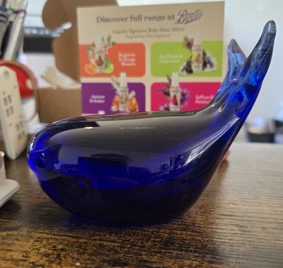 Vintage Pilgrim Cobalt Blue Blown Art Glass Whale Figurine Paperweight 4” - Image 1 of 4