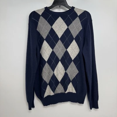 Daniel Bishop Men’s Large Sweater 2 Ply Cashmere Argyle Crew Neck Pullover Blue Foto 1 de 4