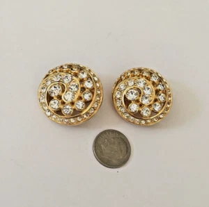 Vintage Signed Christian Dior Large Swirl Clear Rhinestone Clip Earrings - Picture 1 of 5
