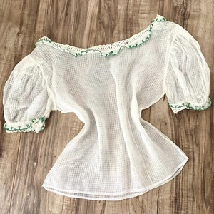 Vintage 1930s Sheer Eyelet Lace Blouse Off White Top Shirt - Picture 1 of 10