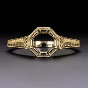 ART DECO ENGRAVED SEM MOUNT ROUND STONE 6.0 6.5MM VINTAGE STYLE SETTING 14K RING - Picture 1 of 8