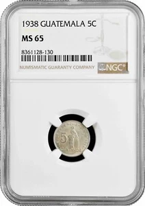 Guatemala 5 centavos 1938, NGC MS65, "Republic of Guatemala (1925-1948)" Top Pop - Picture 1 of 2