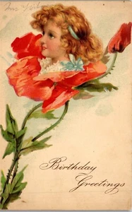 Vintage Geburtstag geprägt hübsch kleine Blumenkopf Mädchen Douglass Karte - Bild 1 von 3