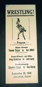 SELTEN 1936 TEXAS Wrestling Poster Tom Tassos Abbott Henderson Lacey Rangel Hartay - Bild 1 von 1