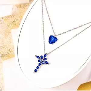 #X6 925 Silver Blue Rhinestone Christian Cross Necklace Crystal Women's - Picture 1 of 8