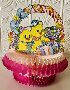 Vintage Pink Honeycomb Tissue Paper Easter Basket Chicks With Easter Eggs 8.5” - Picture 1 of 8