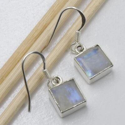 Pietra di Luna Orecchini Vero Argento 925 Pendenti Quadrato Cutstone Moderno - Immagine 1 di 4