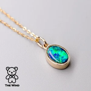 Minimalist Oval Shaped Australian Doublet Opal Pendant Necklace 14K Yellow Gold - Picture 1 of 13