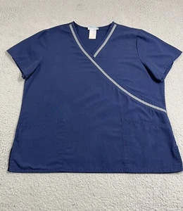 SB Scrubs Top Women's L Blue White Trim Pockets Scrub Medical Dental Vet Tech - Picture 1 of 12