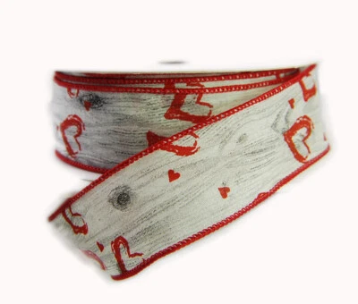 Wire Edged Woodsie Grey and Red Heart Valentine's Day Ribbon 1 1/2" - 25 Yards - Image 1 of 2